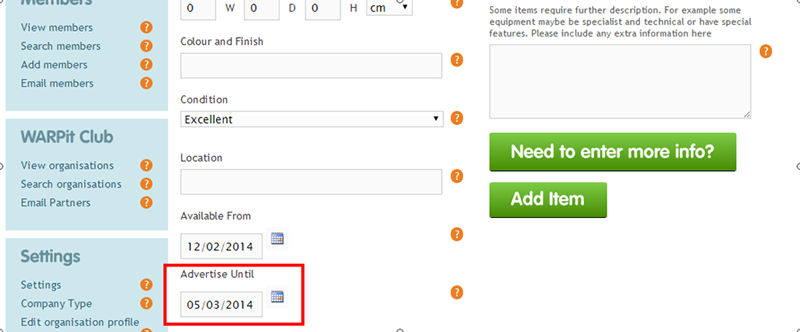 The deadline to advertise until is on the add an item screen